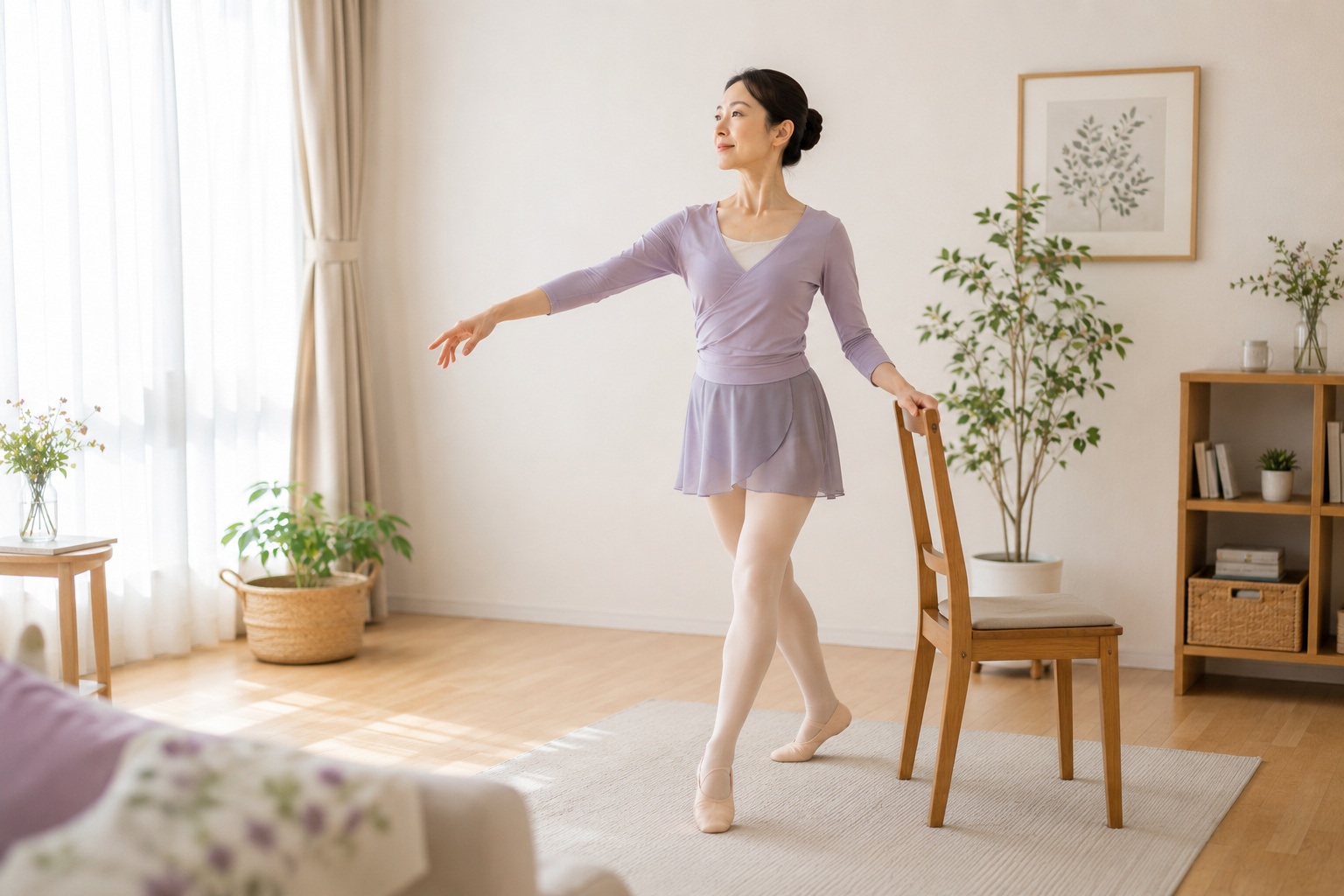 自宅でバレエの基礎を確認する大人女性